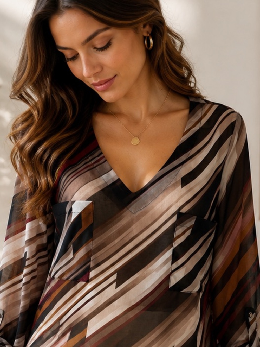 La Château Abstract Sheer Blouse Medium | Roll Tab Sleeve Career Chic Top - Picture 6 of 8